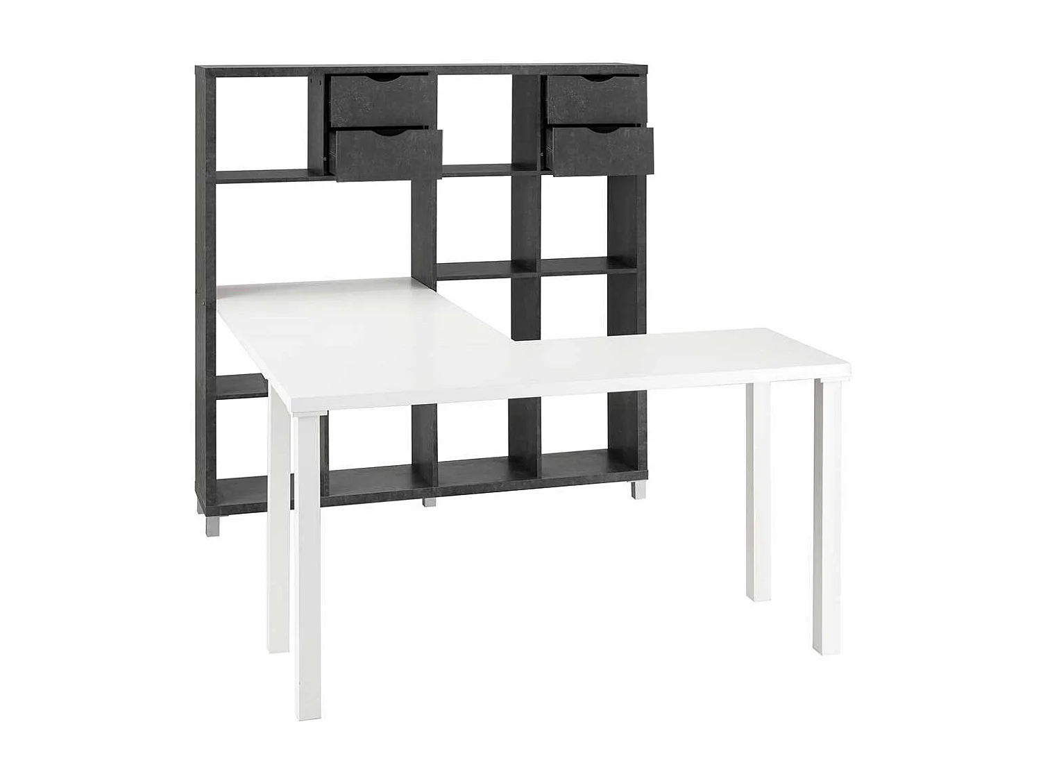 Bürotisch in Weiß und Beton Grau Regalen