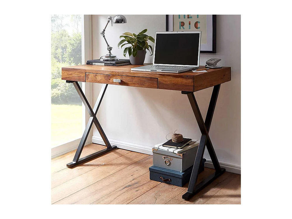 Design Schreibtisch aus Sheesham Massivholz und Stahl 120 cm breit