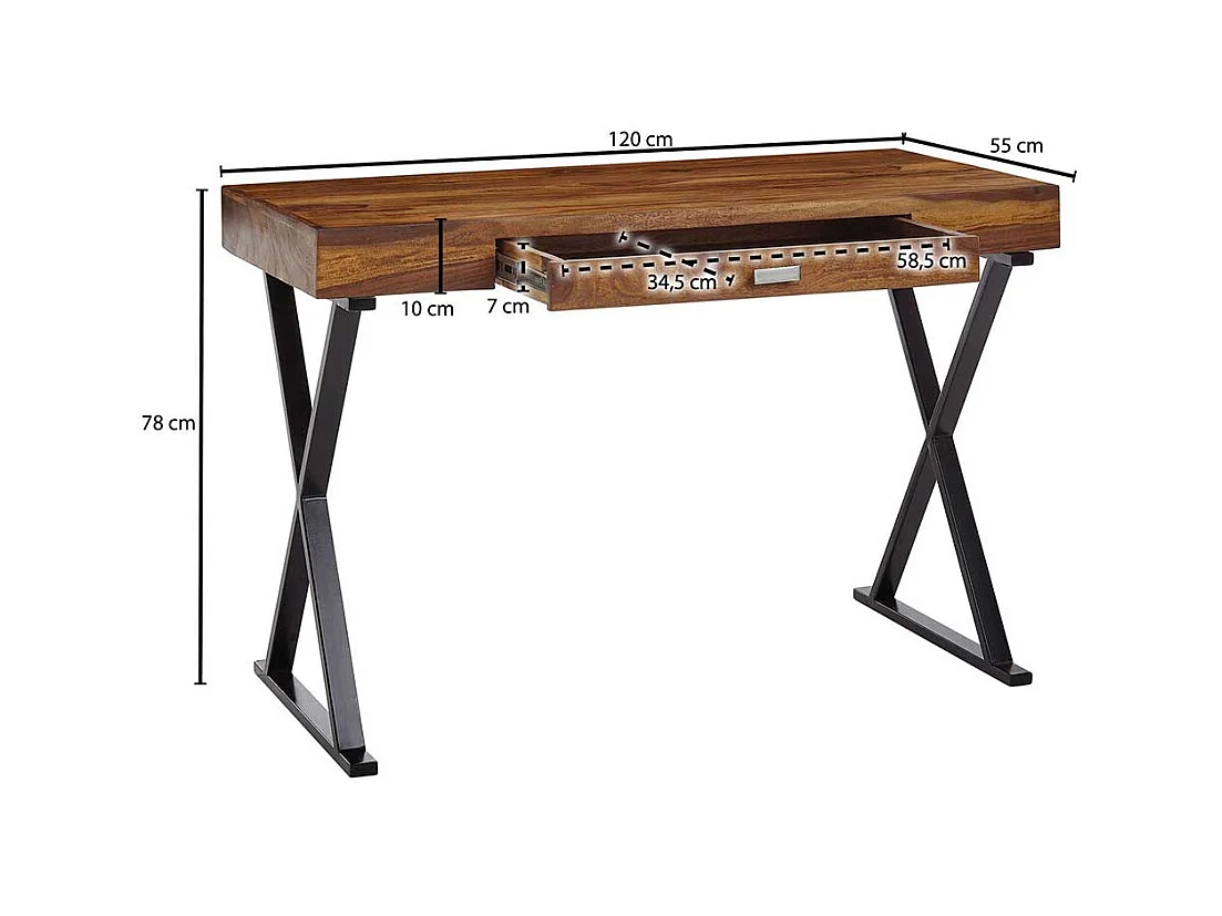 Design Schreibtisch aus Sheesham Massivholz und Stahl 120 cm breit