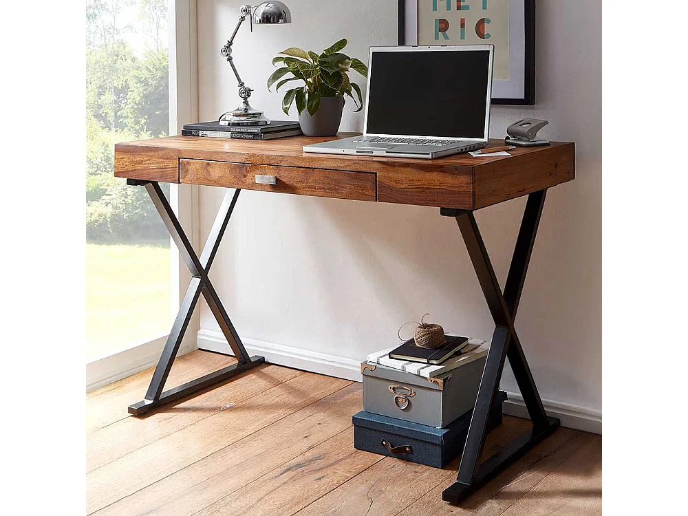 Design Schreibtisch aus Sheesham Massivholz und Stahl 120 cm breit
