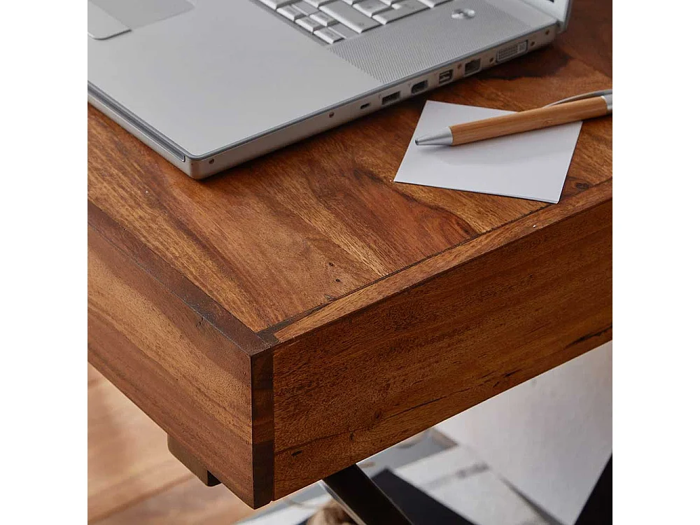 Design Schreibtisch aus Sheesham Massivholz und Stahl 120 cm breit
