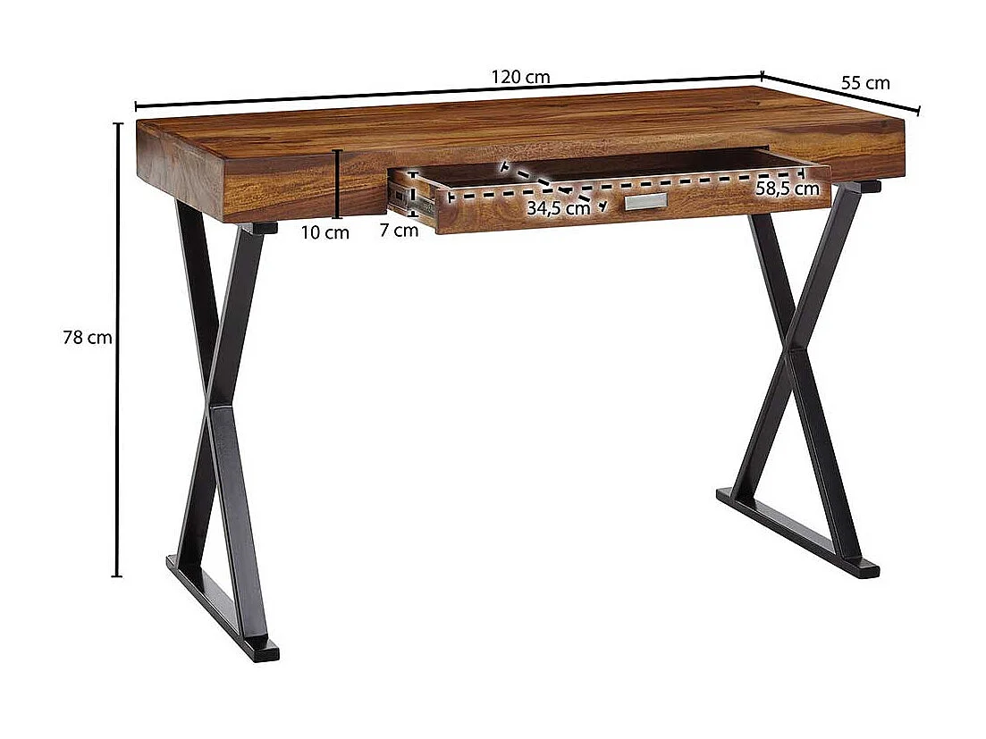 Design Schreibtisch aus Sheesham Massivholz und Stahl 120 cm breit