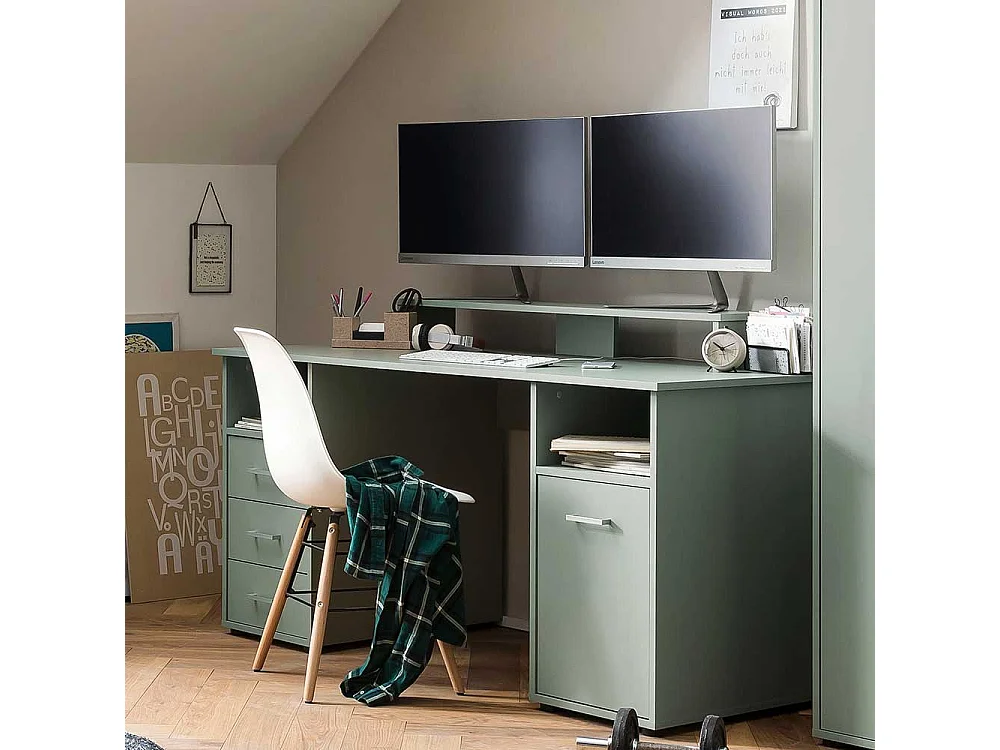 Schreibtisch Bürotisch in Graugrün mit drei Schubladen