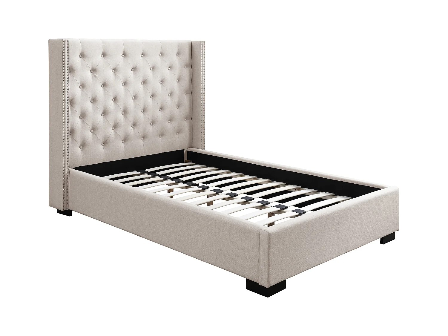 Bett 120 x 200 cm + Kopfteil gepolstert + Matratze - Stoff Beige - MASSIMO