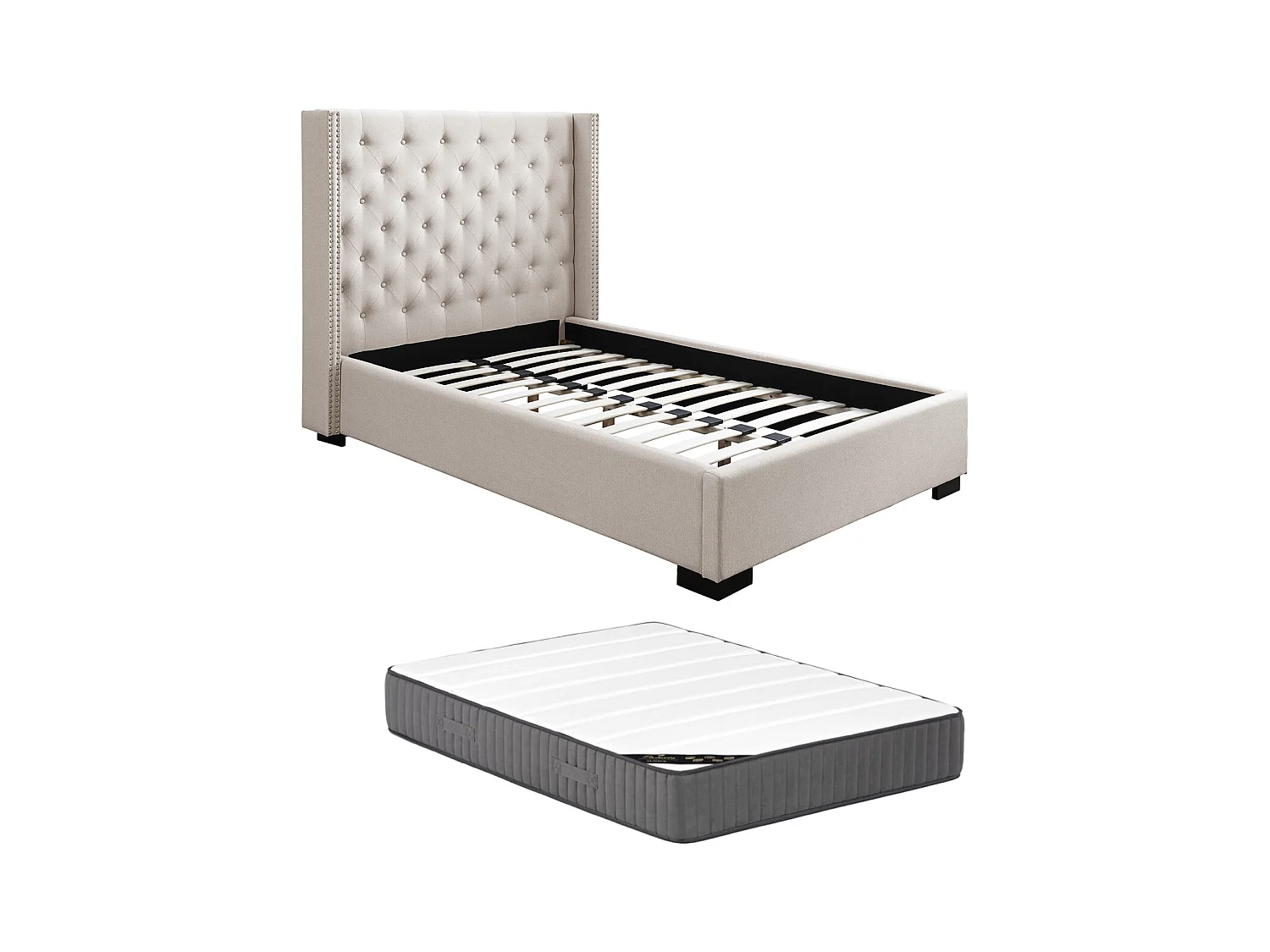 Bett 120 x 200 cm + Kopfteil gepolstert + Matratze - Stoff Beige - MASSIMO