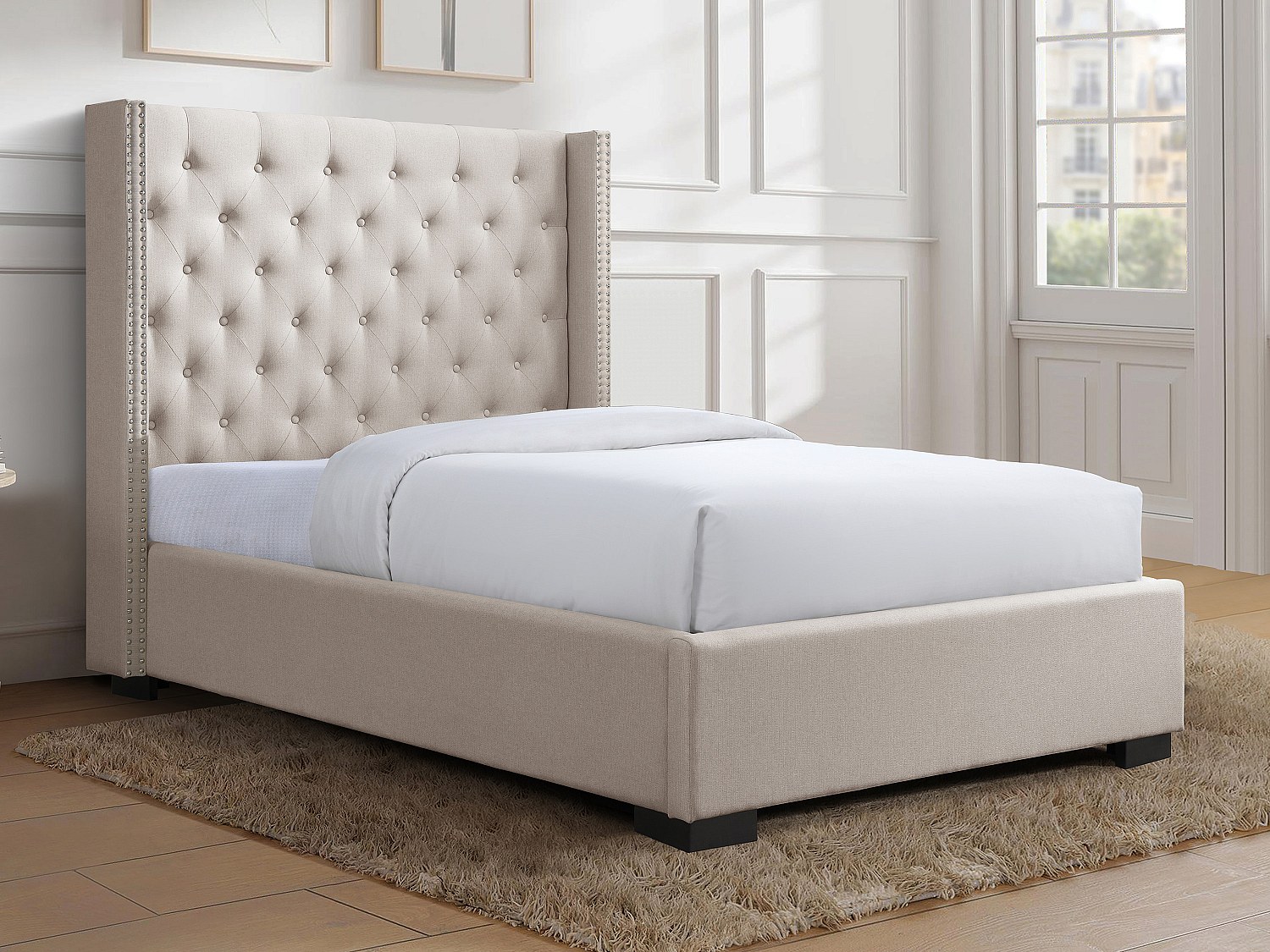 Seng 120 x 200 cm med polstret hodegavl - Stoff - Beige + Madrass - MASSIMO