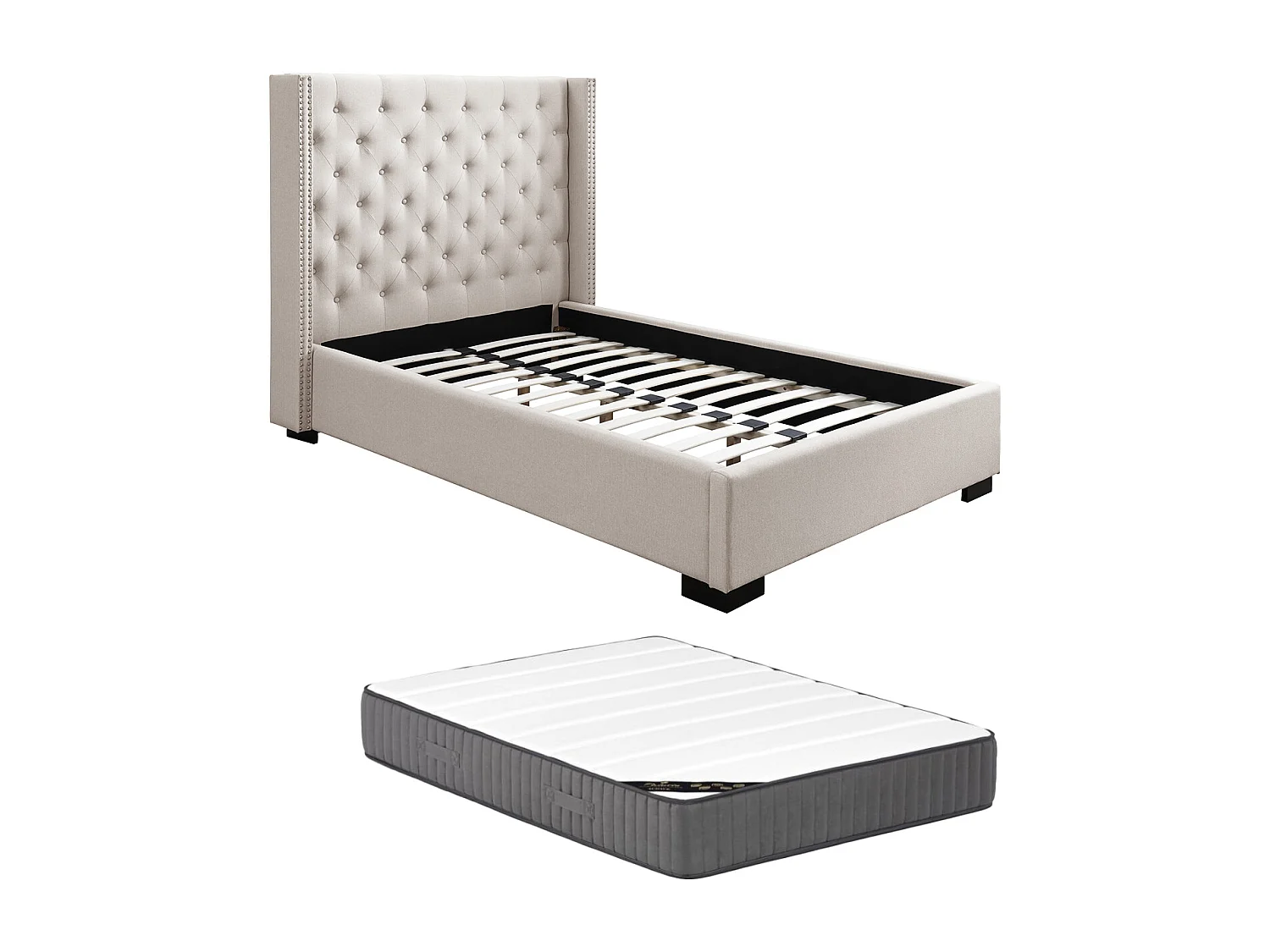 Letto 120 x 200 cm con testata trapuntata in Tessuto Beige + Materasso - MASSIMO