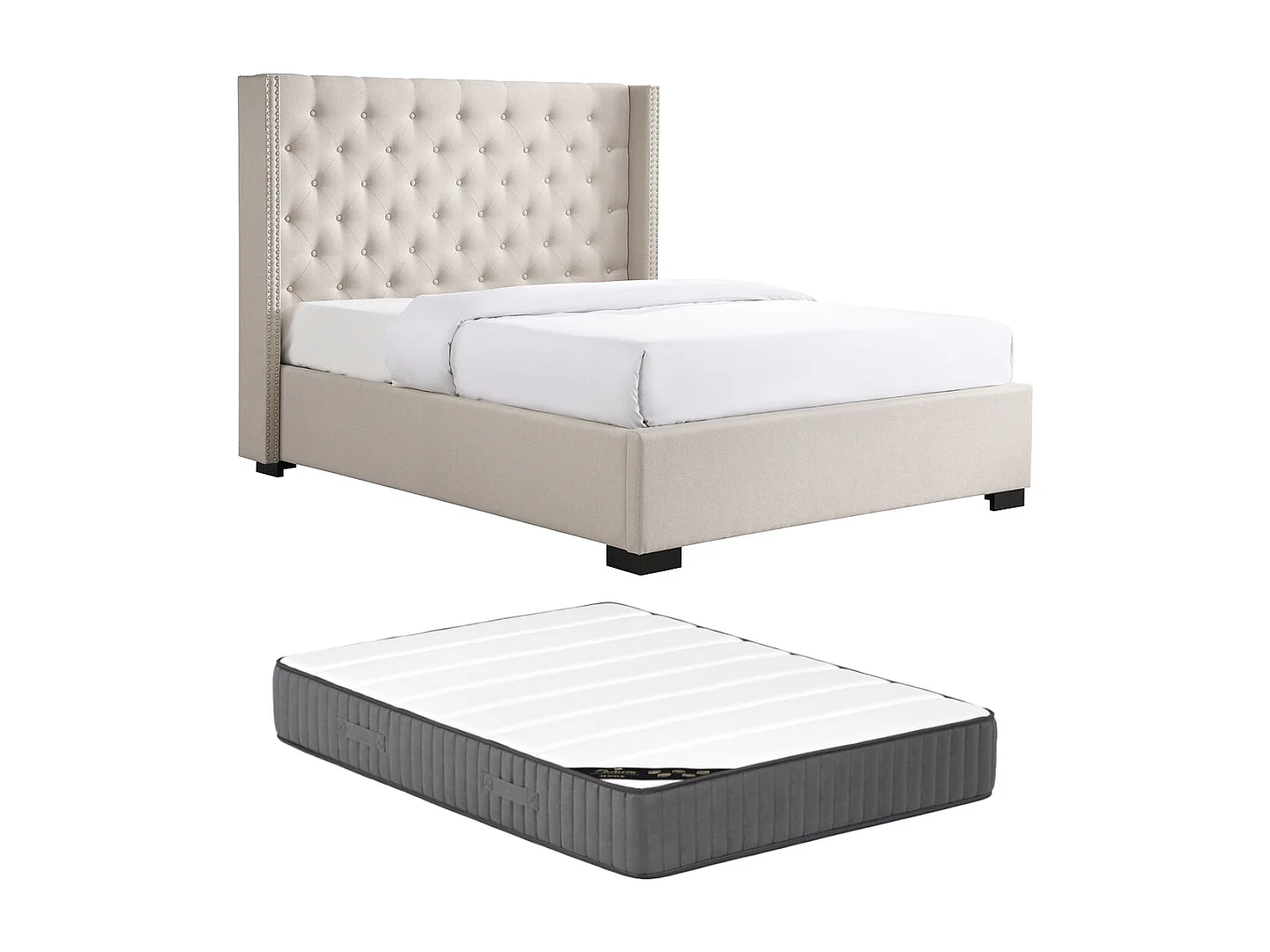 Letto 160 x 200 cm con testata trapuntata in Tessuto Beige + Materasso - MASSIMO
