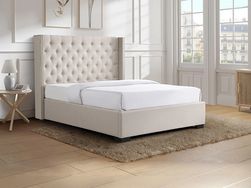 QSFCUB Bed 160 x 200 cm, met lattenbodem en sensorlicht, gestoffeerd hoofdeinde, fluwelen kist, 160 x 200 cm, tweepersoonsbed bedframe met houten lattenbodem, zonder matras (beige B, 160 x 200 cm
