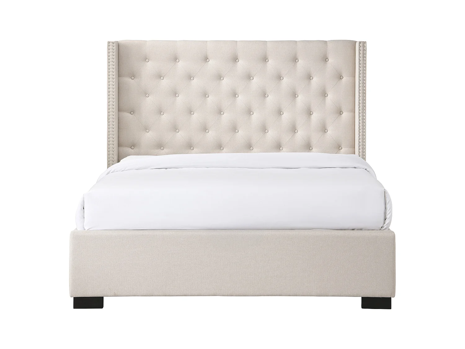 Säng 200 x 200 cm med klädd sänggavel - Tyg - Beige + Madrass - MASSIMO