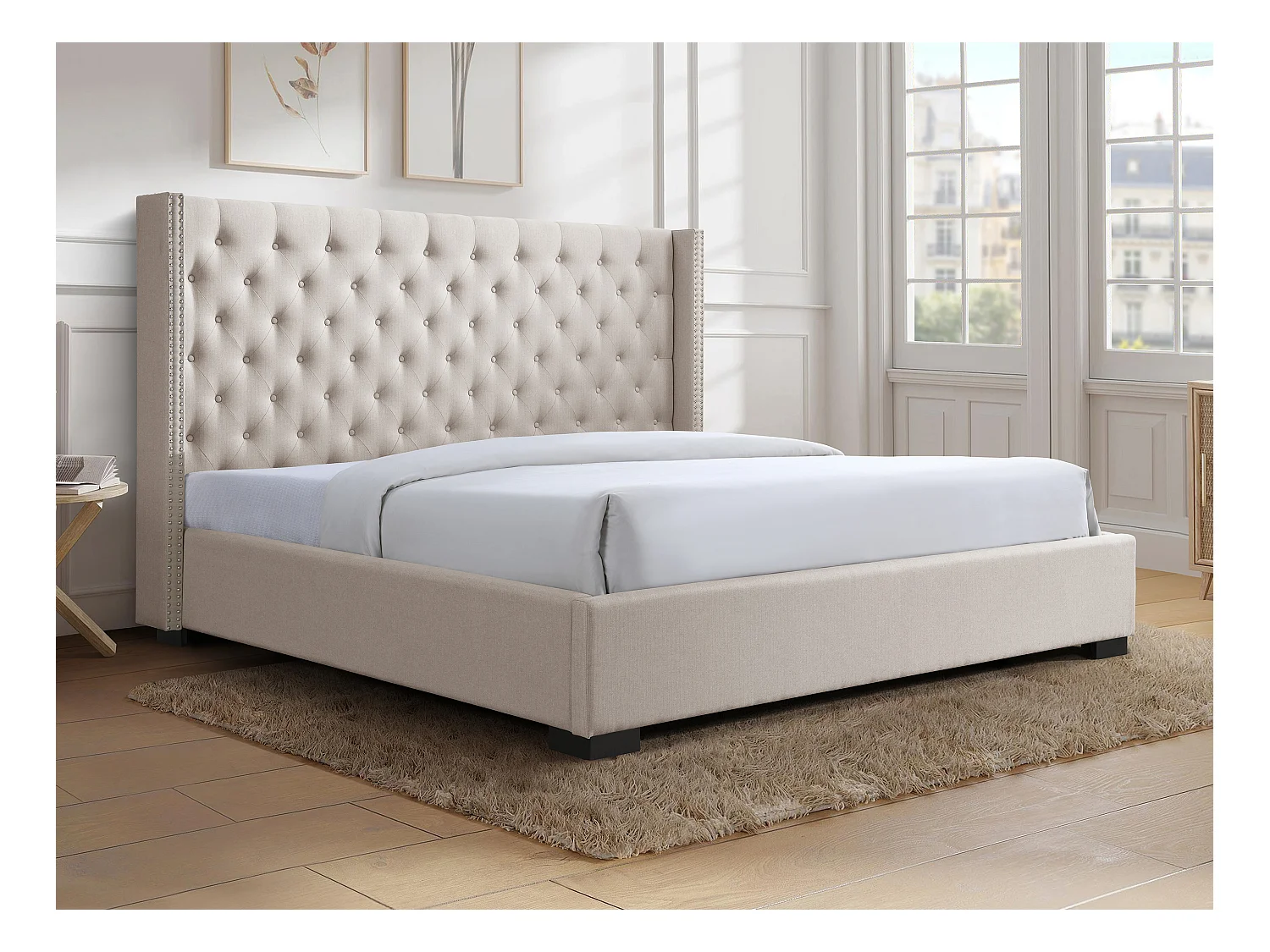 Säng 200 x 200 cm med klädd sänggavel - Tyg - Beige + Madrass - MASSIMO