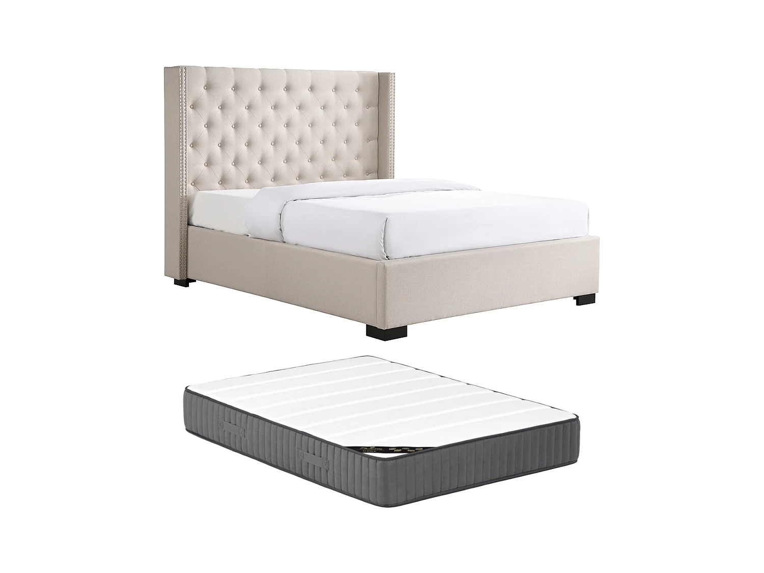 Säng 200 x 200 cm med klädd sänggavel - Tyg - Beige + Madrass - MASSIMO