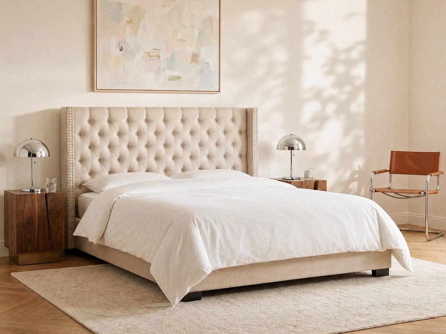 Letto 200 x 200 cm con testata trapuntata in Tessuto Beige + Materasso - MASSIMO