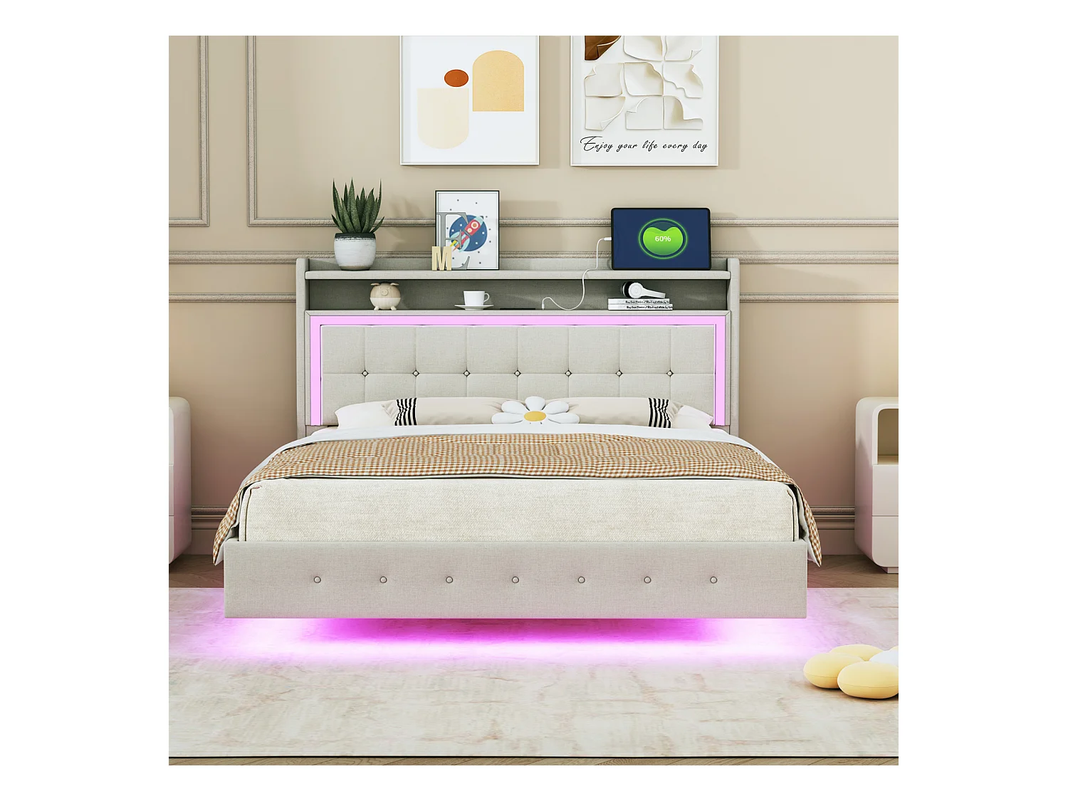 Lit double 160x200 cm en tissu beige avec LED et port USB – Tête de lit murale, pied de lit dissimulé