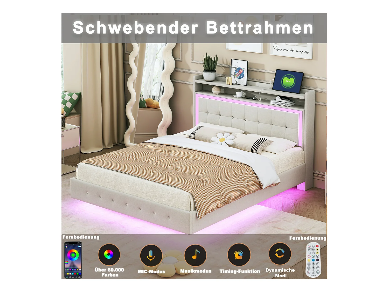 Lit double 160x200 cm en tissu beige avec LED et port USB – Tête de lit murale, pied de lit dissimulé