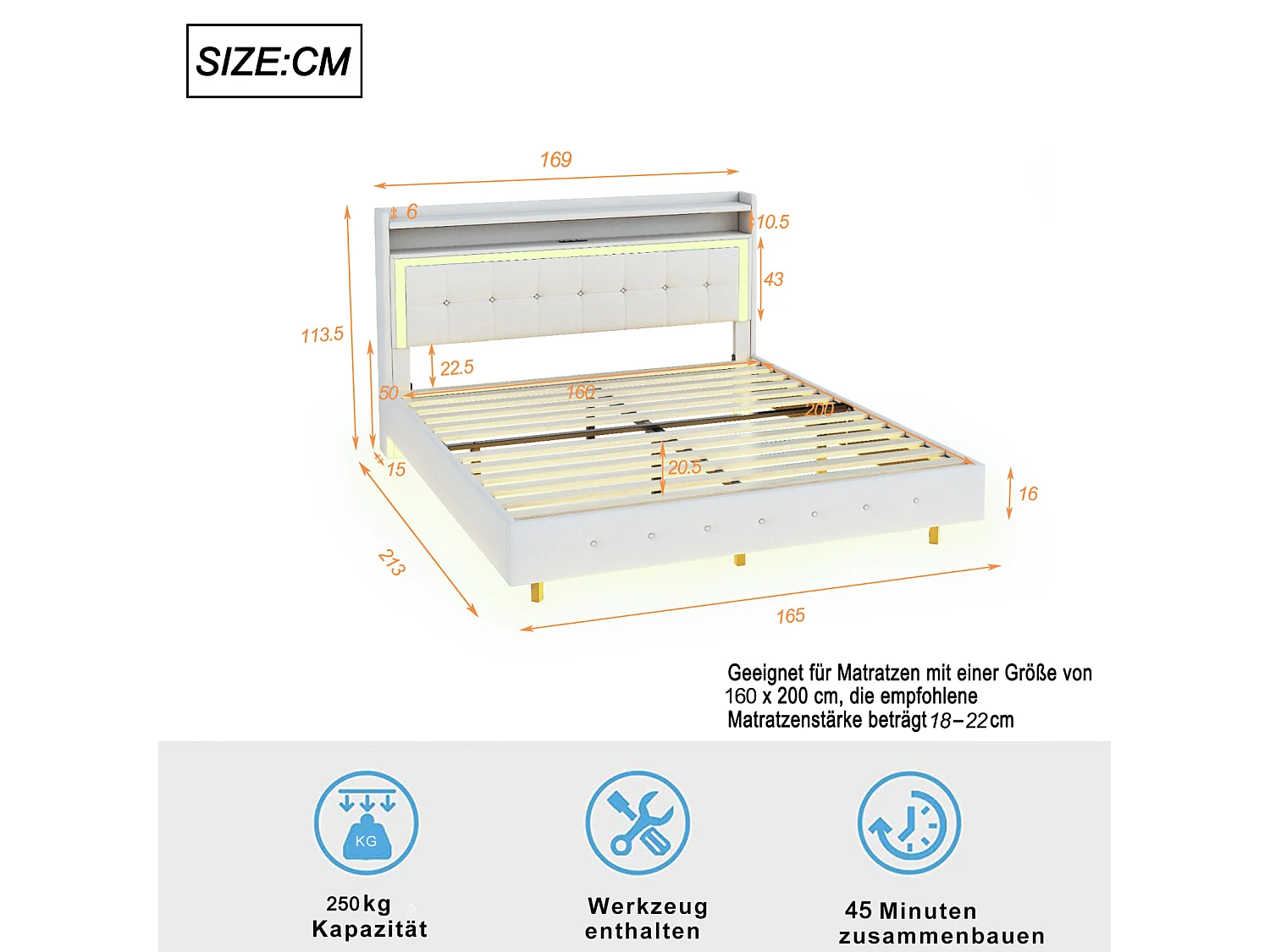 Doppelbett 160x200 cm in beigem Stoff mit LED und USB-Anschluss - Wandmontiertes Kopfteil, verdecktes Fußteil