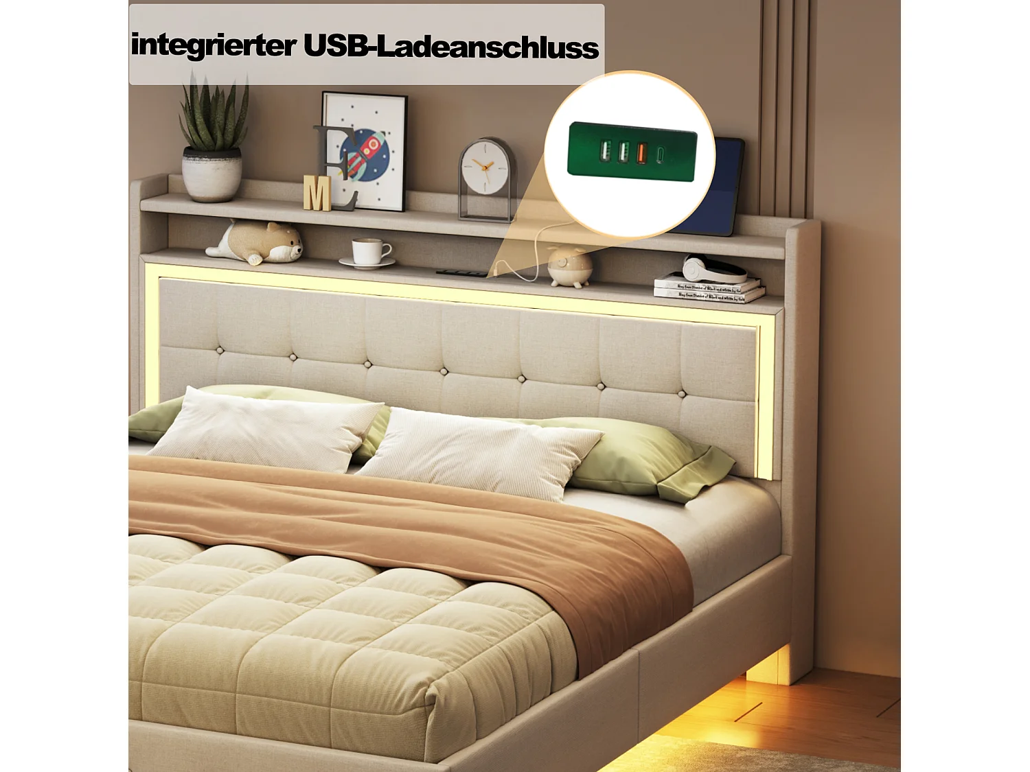 Doppelbett 160x200 cm in beigem Stoff mit LED und USB-Anschluss - Wandmontiertes Kopfteil, verdecktes Fußteil