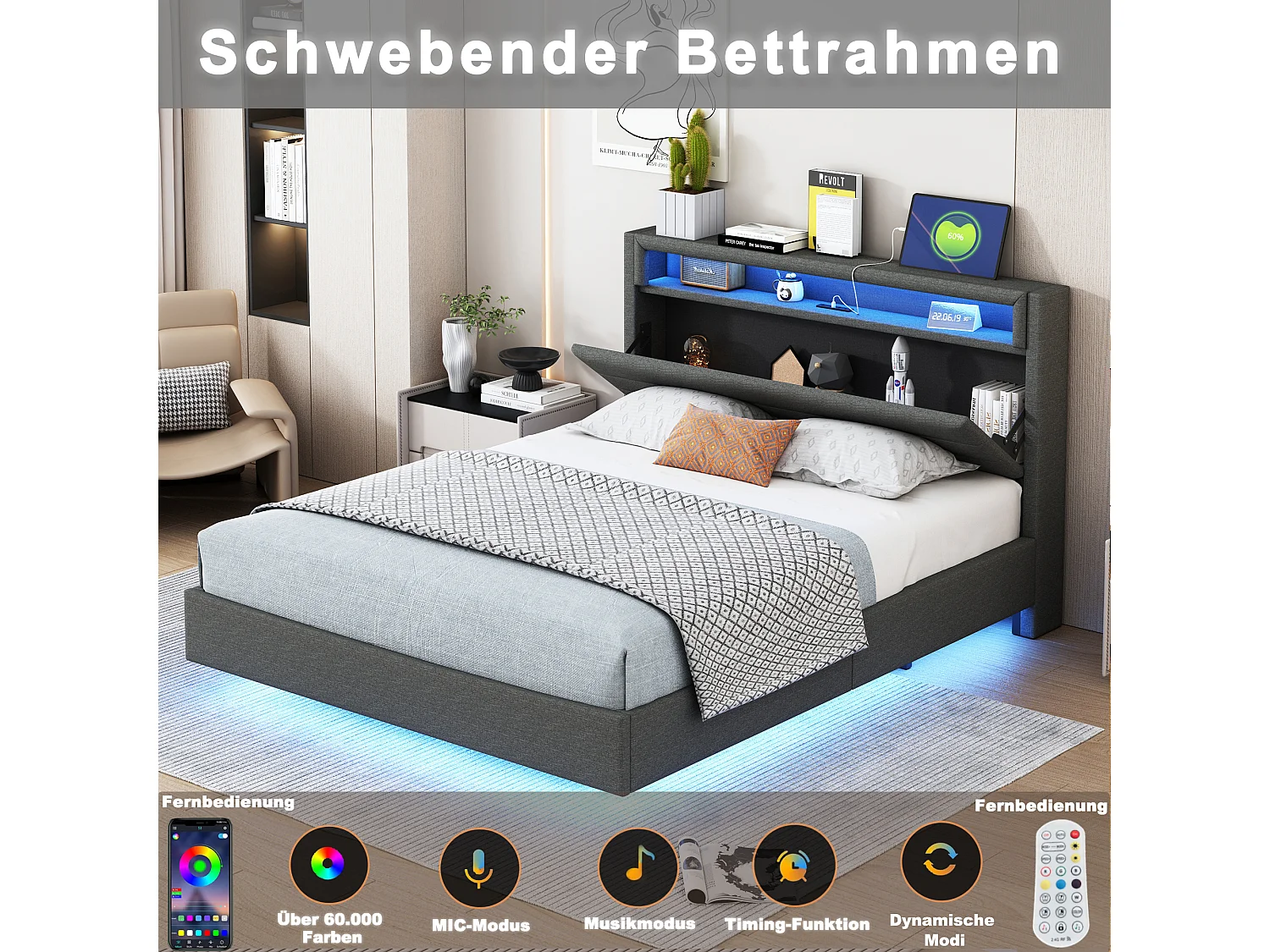 Doppelbett 160x200 cm aus grauem Stoff mit LED und USB-Anschluss – Wendbares Kopfteil, verdecktes Fußteil
