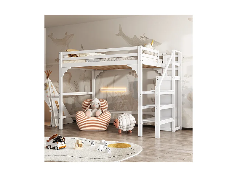 Letto a soppalco bianco 140x200 cm con base, scaletta e armadio – Letto per ragazzi con contenitore integrato