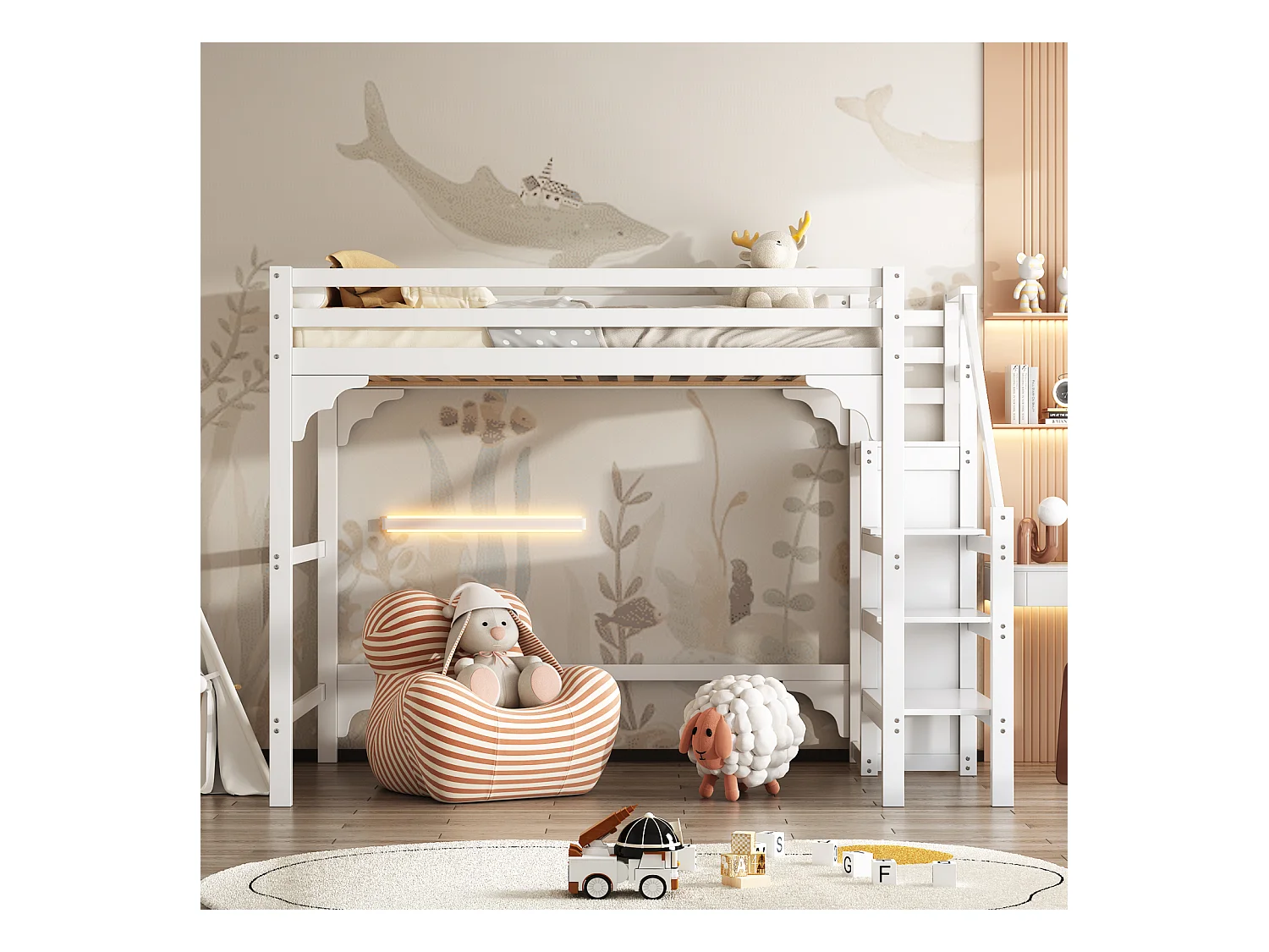 Letto a soppalco bianco 140x200 cm con base, scaletta e armadio – Letto per ragazzi con contenitore integrato