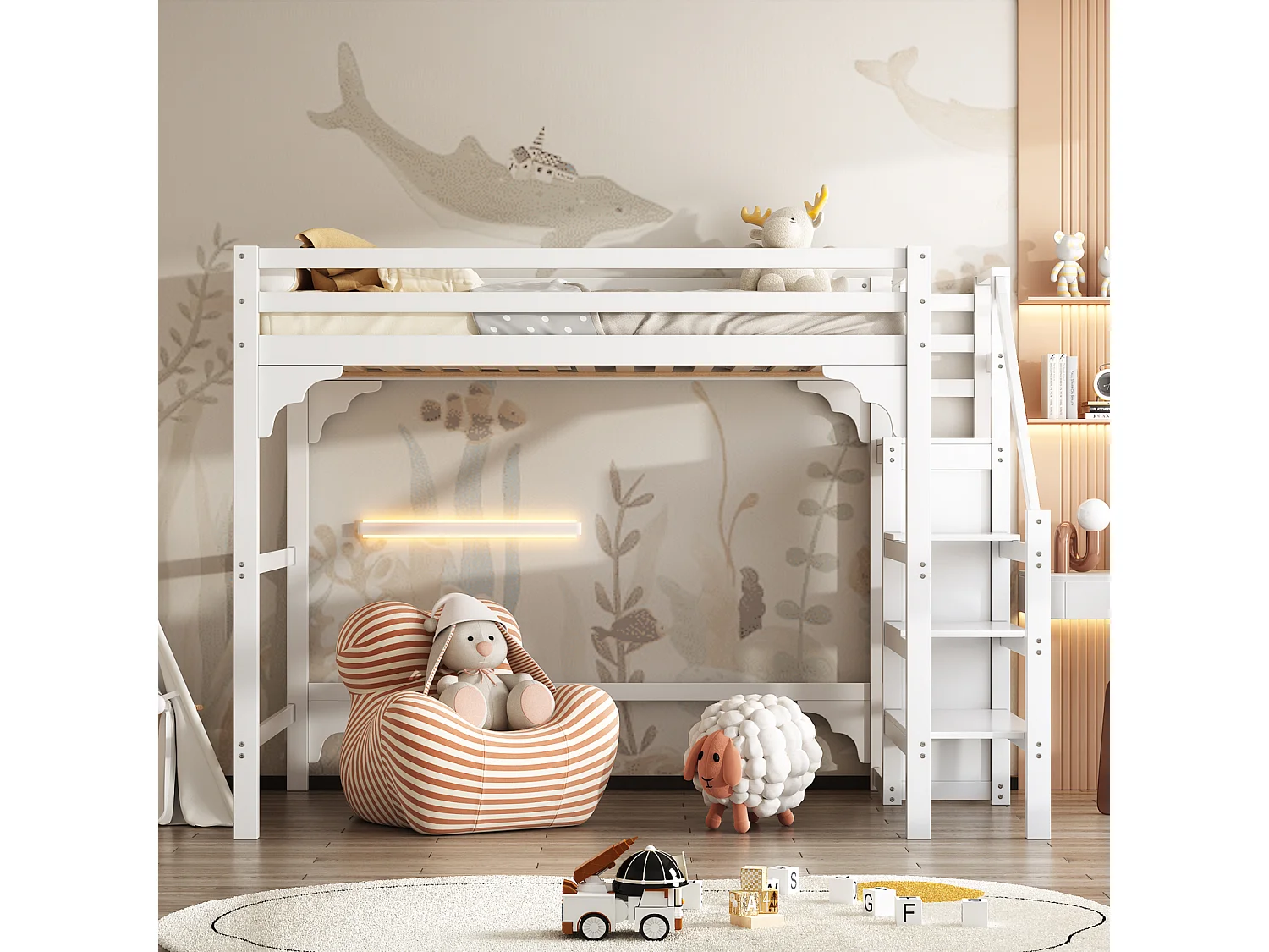 Weißes Hochbett 140x200 cm mit Lattenrost, Treppe und Kleiderschrank – Jugendbett mit integriertem Stauraum