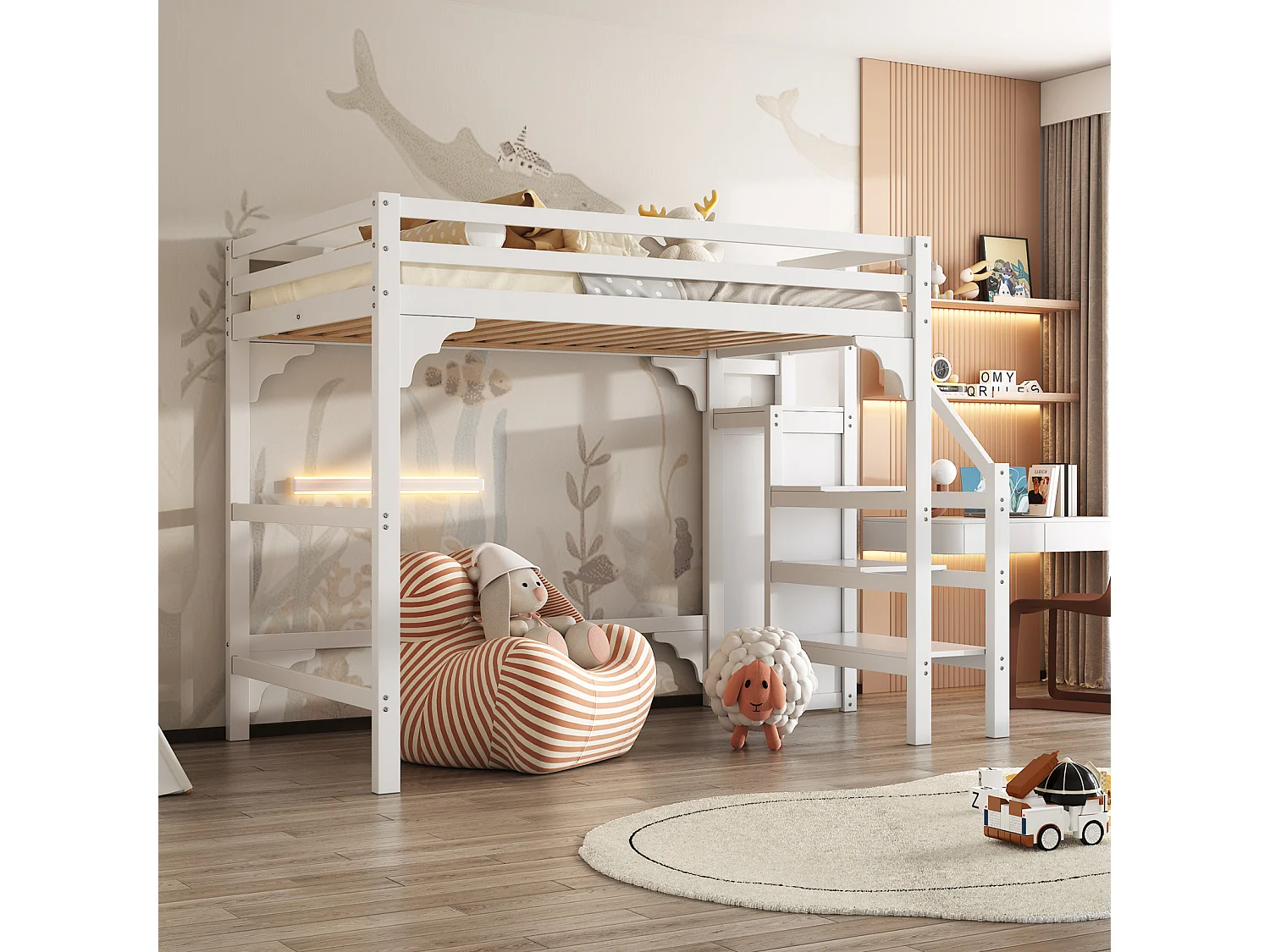 Weißes Hochbett 140x200 cm mit Lattenrost, Treppe und Kleiderschrank – Jugendbett mit integriertem Stauraum