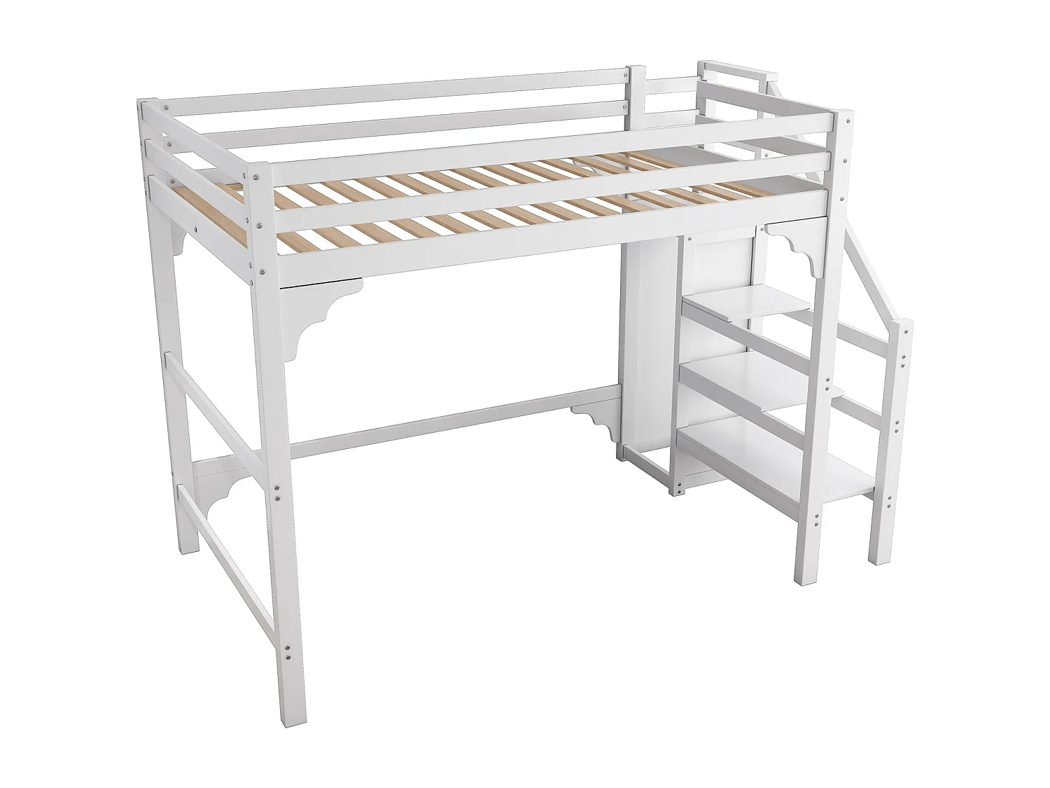 Weißes Hochbett 140x200 cm mit Lattenrost, Treppe und Kleiderschrank – Jugendbett mit integriertem Stauraum