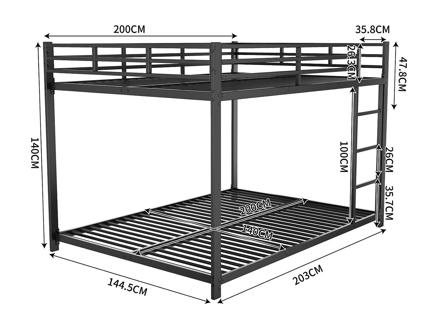 Lit superposé 140x200 cm en métal noir – Design classique, pour enfants et adolescents