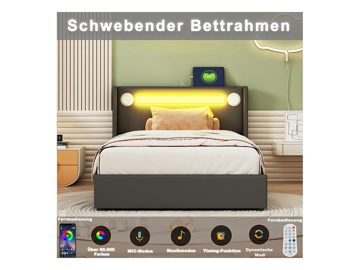Lit enfant 90x200 cm en simili cuir avec LED, Bluetooth et port USB – Coffre de rangement haut, sommier inclus
