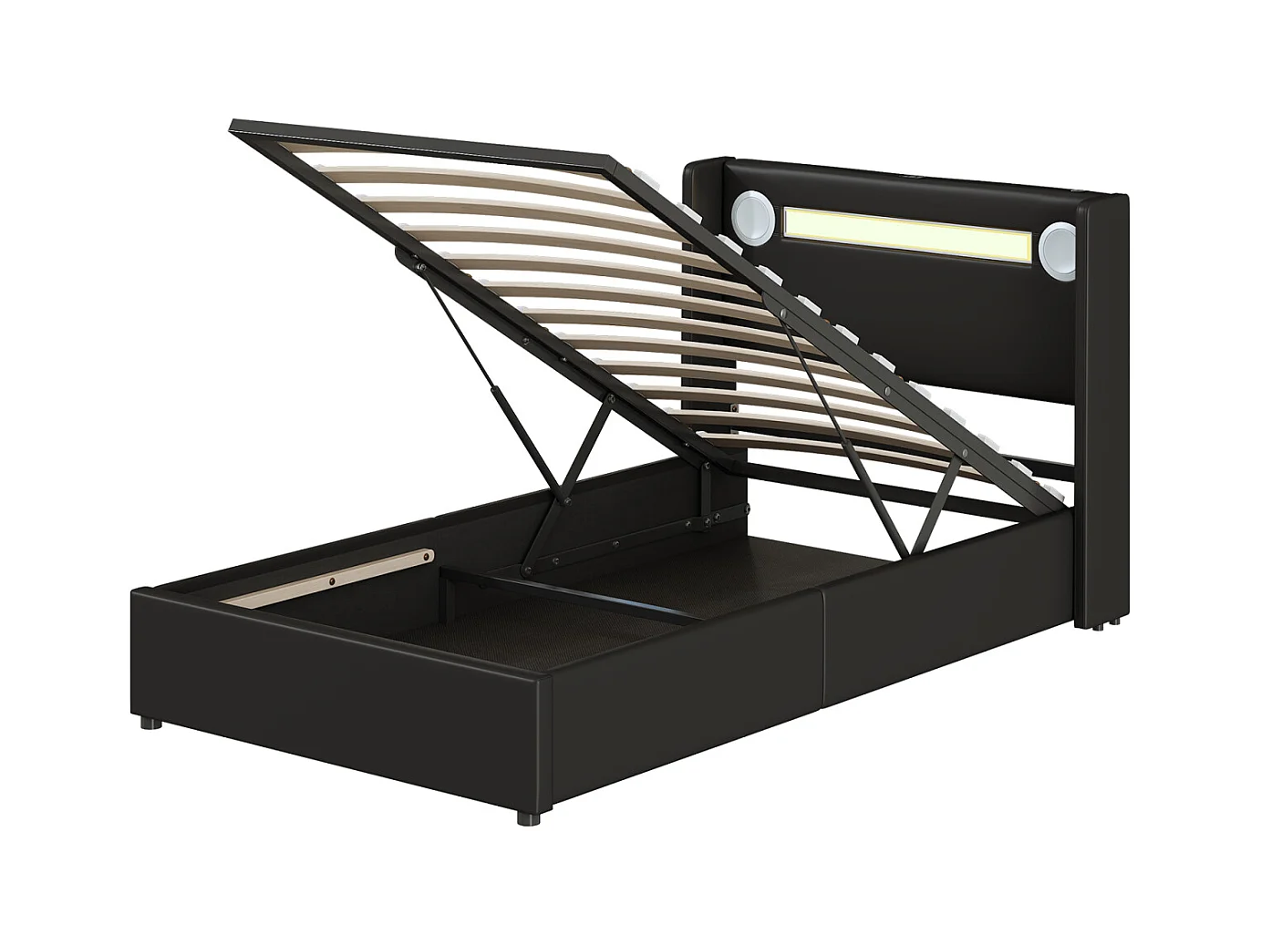 Lit enfant 90x200 cm en simili cuir avec LED, Bluetooth et port USB – Coffre de rangement haut, sommier inclus