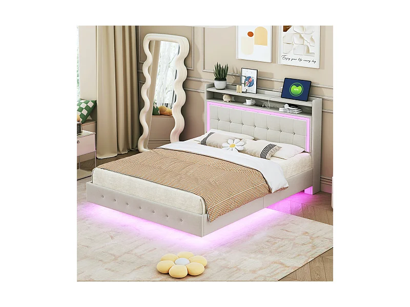 Doppelbett 140x200 cm in beigem Stoff mit LED und USB-Anschluss - Wandmontiertes Kopfteildesign, verstecktes Fußteil