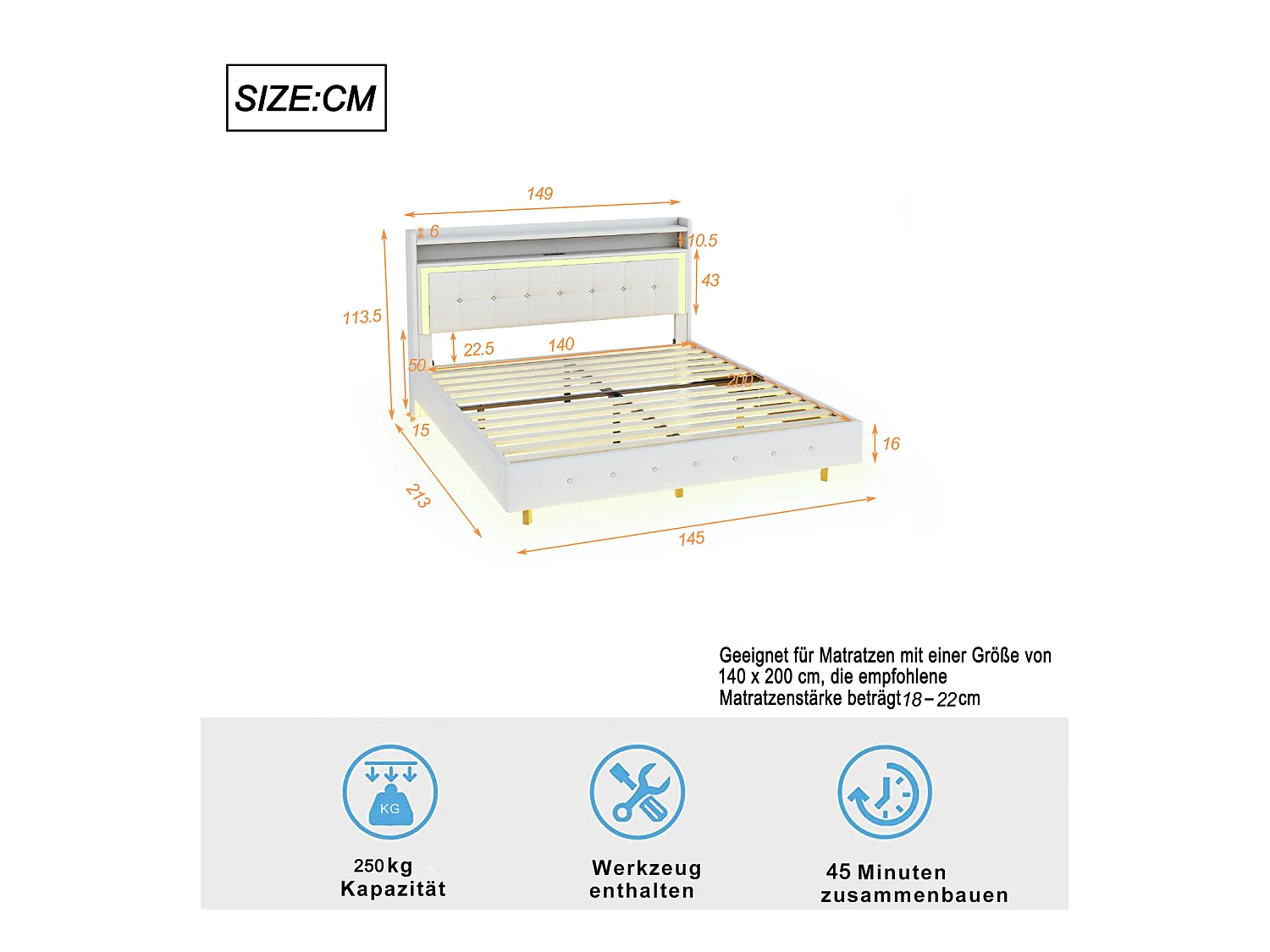 Lit double 140x200 cm en tissu beige avec LED et port USB – Design tête de lit mural, pied de lit caché