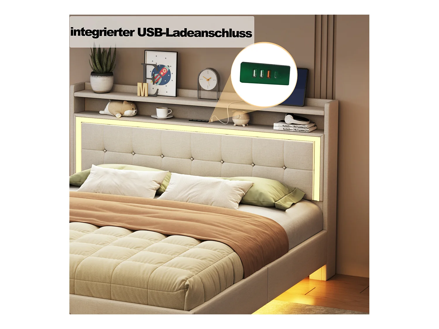 Lit double 140x200 cm en tissu beige avec LED et port USB – Design tête de lit mural, pied de lit caché