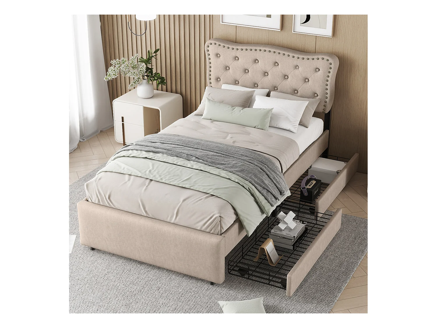 Lit capitonné 90x200 cm en tissu beige foncé avec tiroirs – Tête de lit rembourrée à clous décoratifs