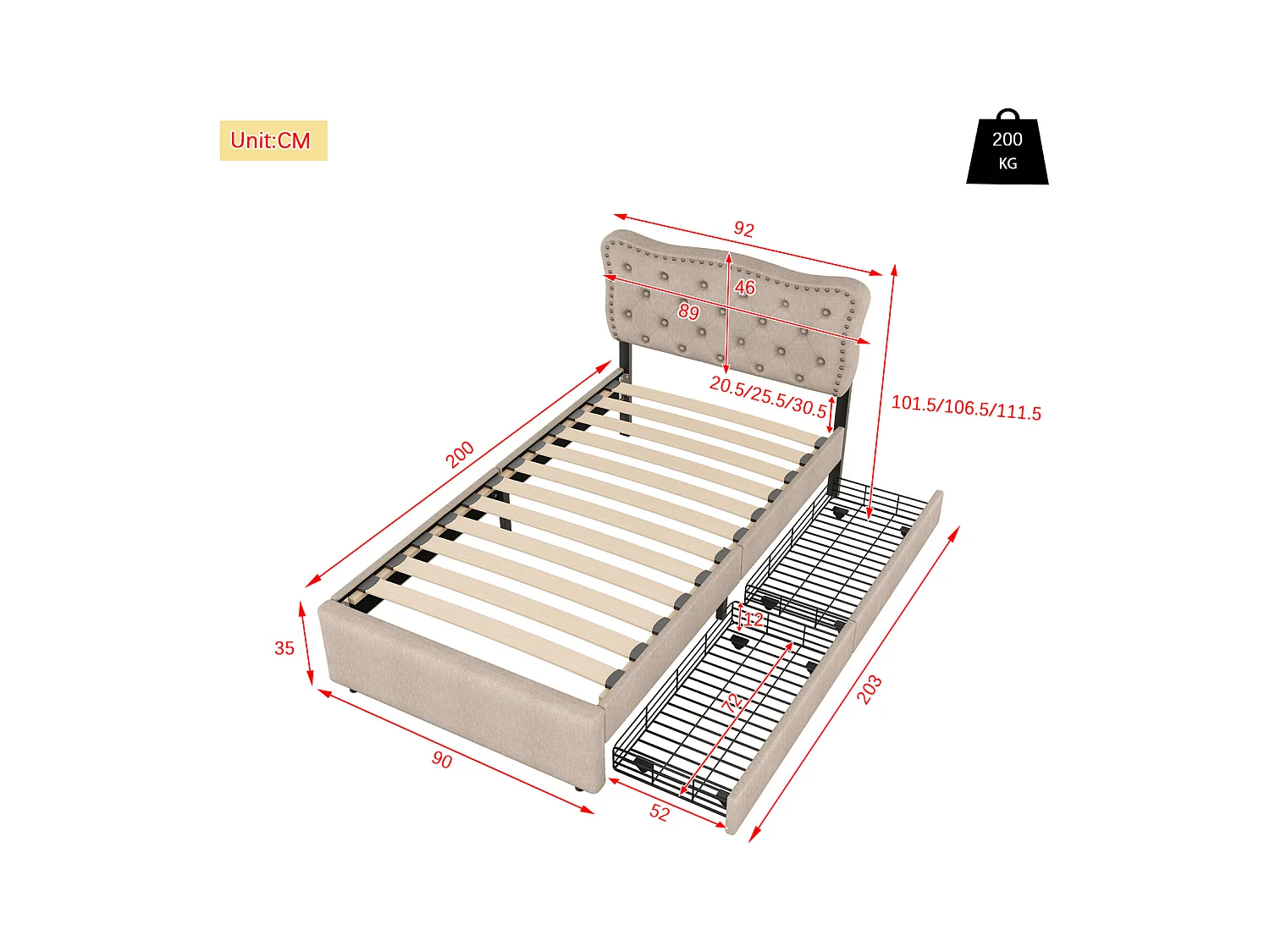 Lit capitonné 90x200 cm en tissu beige foncé avec tiroirs – Tête de lit rembourrée à clous décoratifs