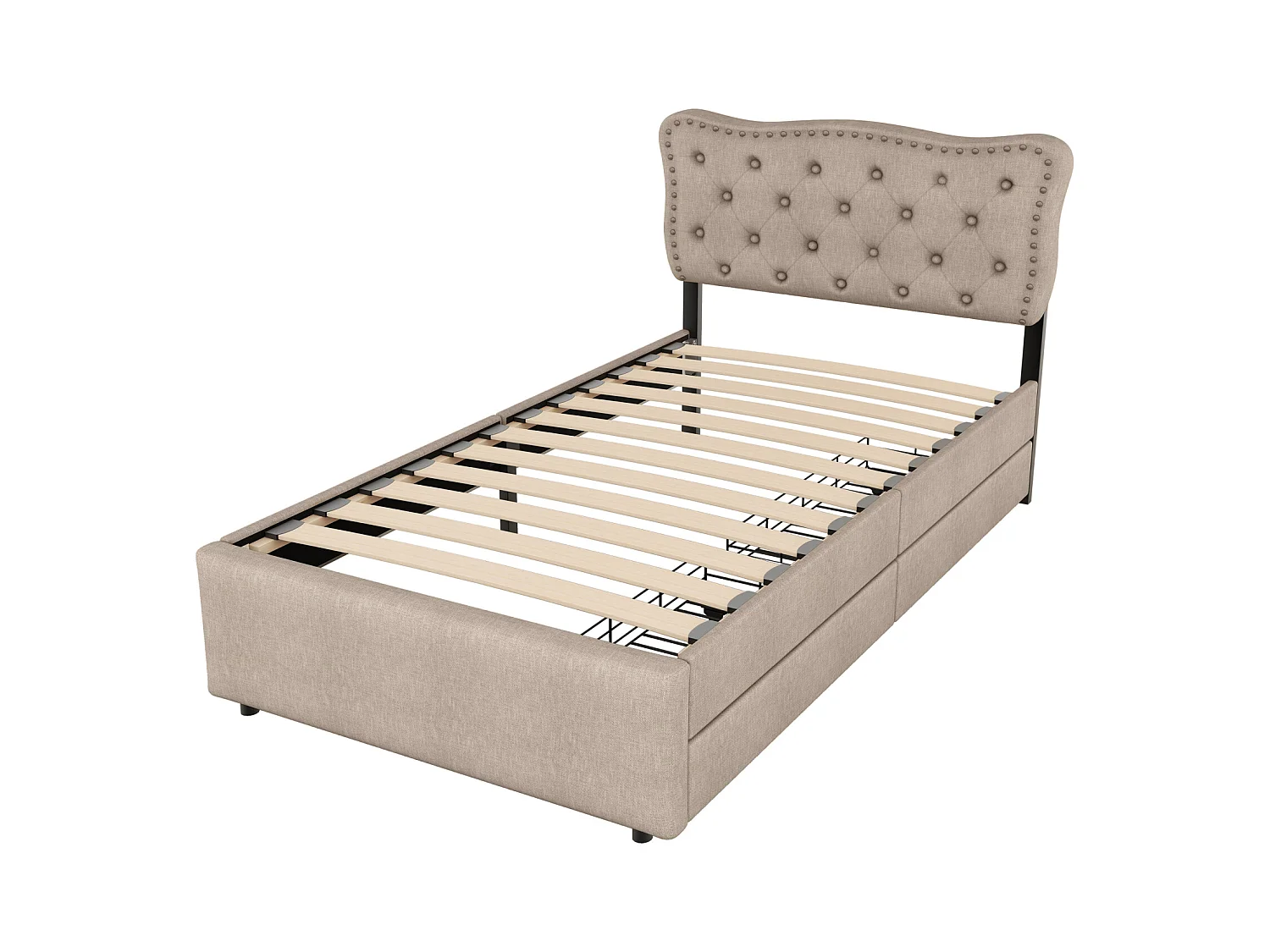 Lit capitonné 90x200 cm en tissu beige foncé avec tiroirs – Tête de lit rembourrée à clous décoratifs