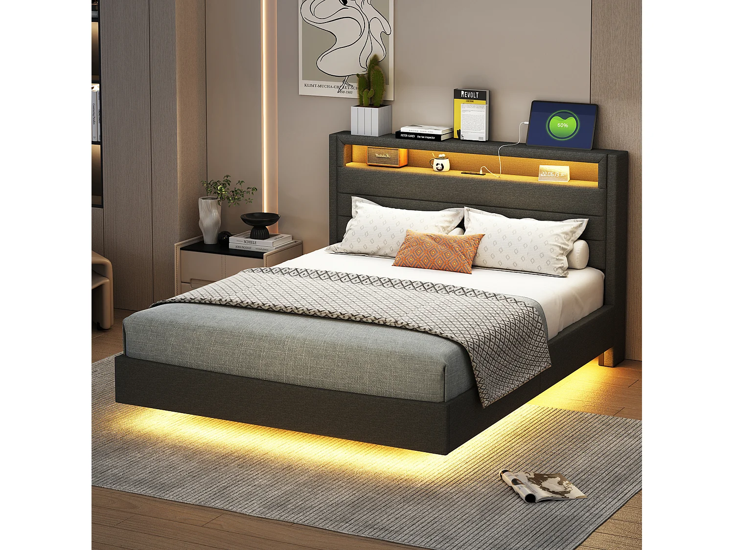 Doppelbett 140x200 cm aus grauem Stoff mit LED und USB-Anschluss – Wendbares Kopfteil, verdecktes Fußteil