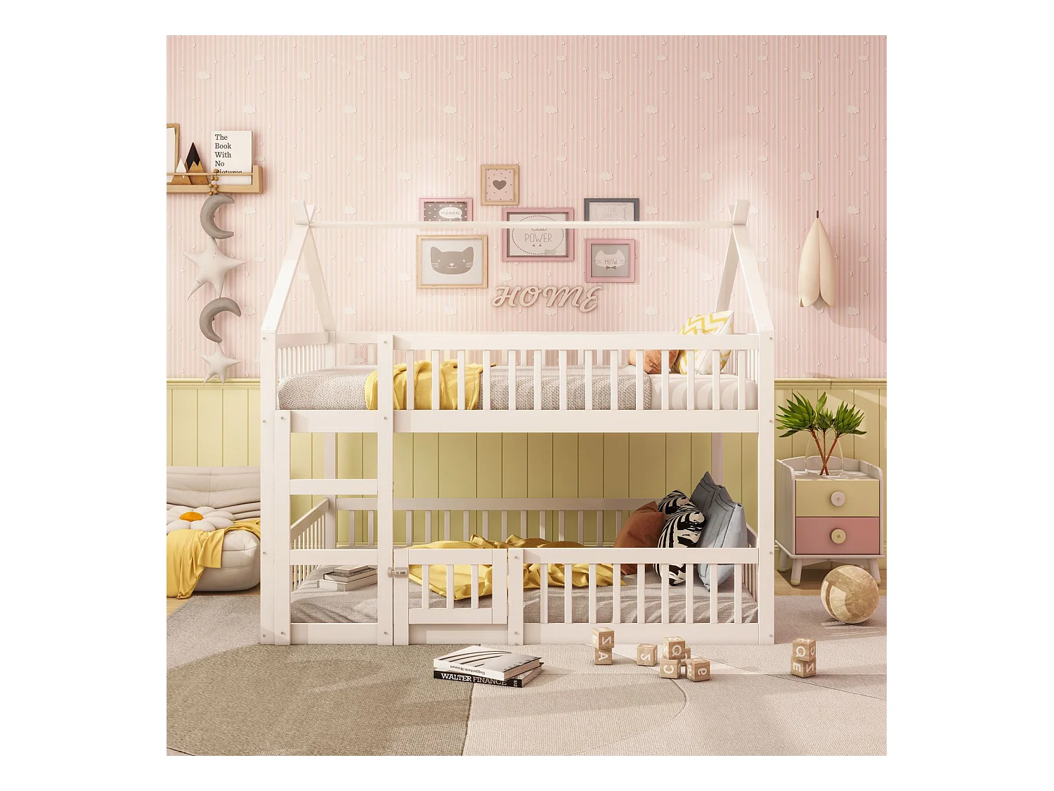 Letto a castello familiare 140x200 cm in legno massello con scaletta – Design loft per bambini, colore bianco