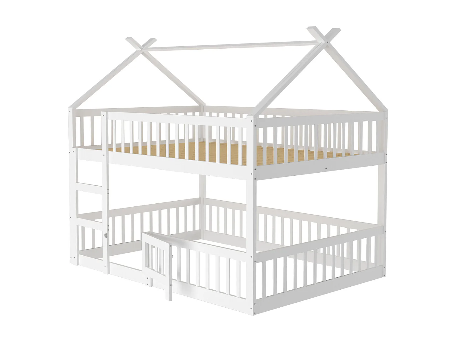 Familien-Etagenbett 140x200 cm aus Massivholz mit Treppe – Loft-Design für Kinder, Farbe Weiß