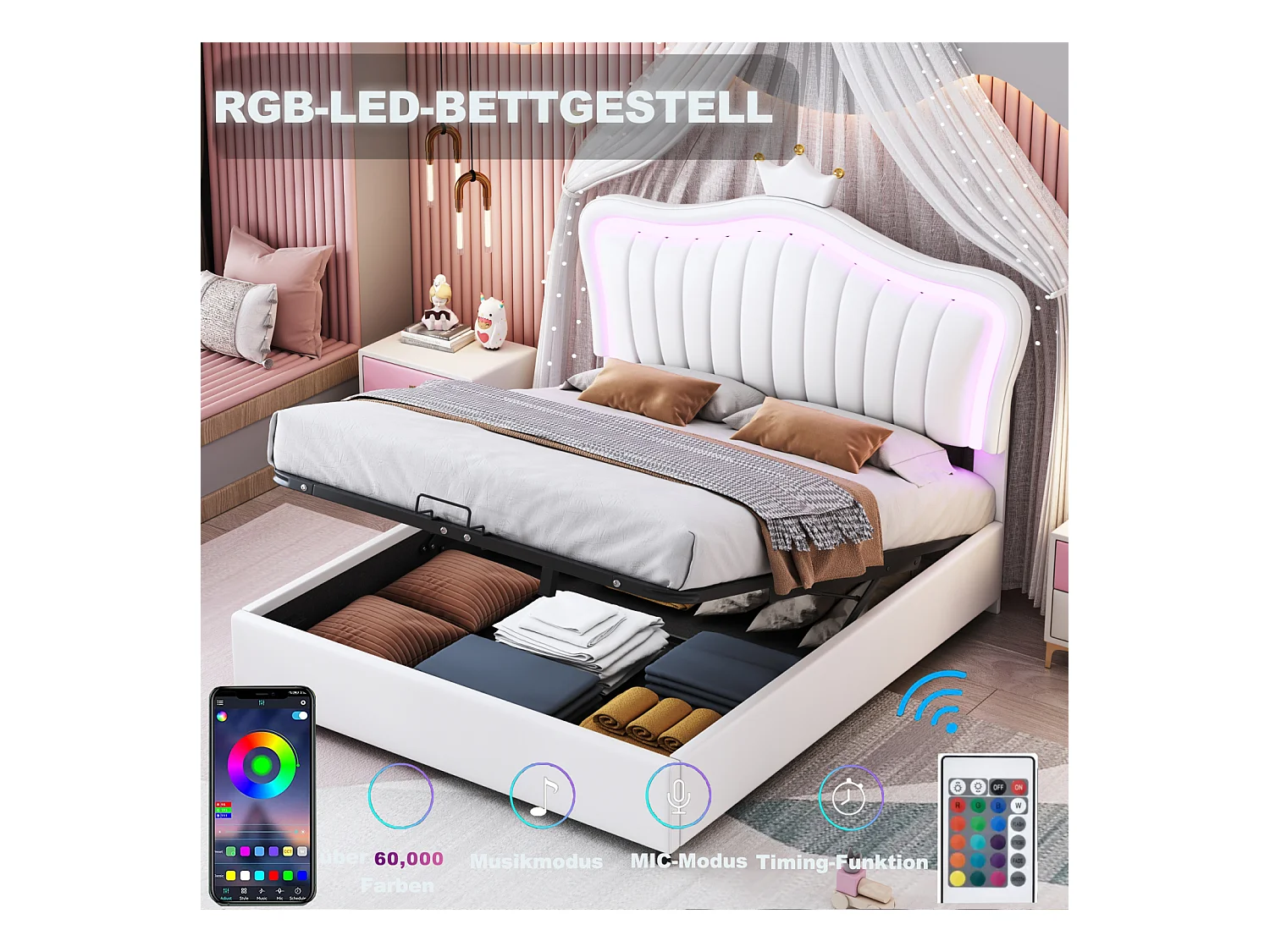 Lit fille 140x200 cm en simili cuir blanc avec LED – Tête de lit en forme de couronne, coffre de rangement hydraulique