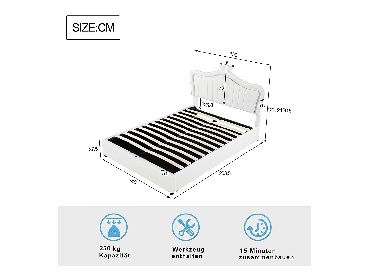 Lit fille 140x200 cm en simili cuir blanc avec LED – Tête de lit en forme de couronne, coffre de rangement hydraulique