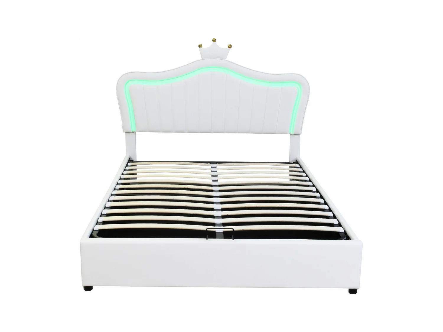 Lit fille 140x200 cm en simili cuir blanc avec LED – Tête de lit en forme de couronne, coffre de rangement hydraulique