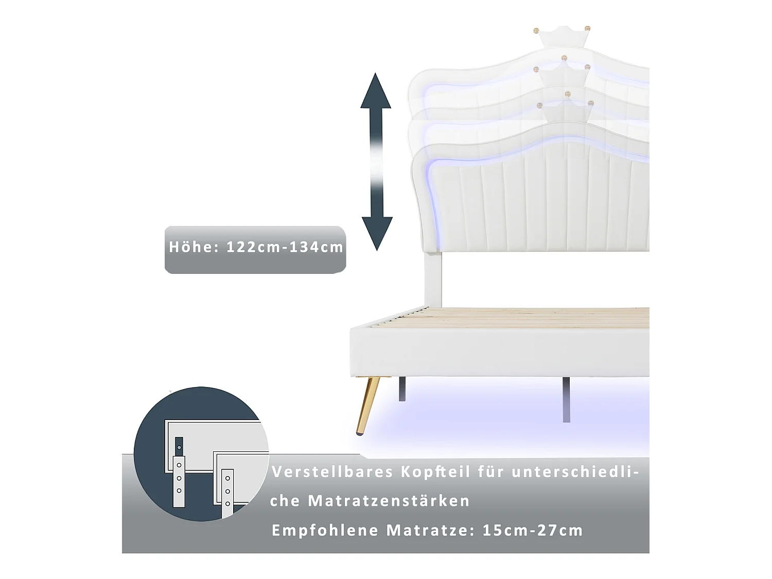 Kinderbett 90x200 cm in weißem Kunstleder mit LED, kronenförmiges Polsterkopfteil - Inklusive Lattenrost, ohne Matratze