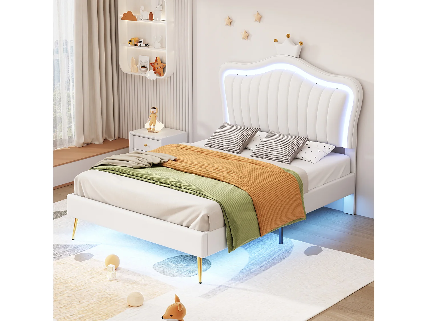 Lit enfant 90x200 cm en simili cuir blanc avec LED, tête de lit capitonnée en forme de couronne – Sommier inclus, sans matelas