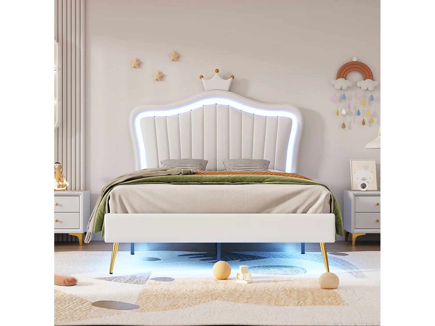 Kinderbed 90x200 cm in wit imitatieleer met LED, kroonvormig gestoffeerd hoofdbord - Bedbodem inbegrepen, zonder matras