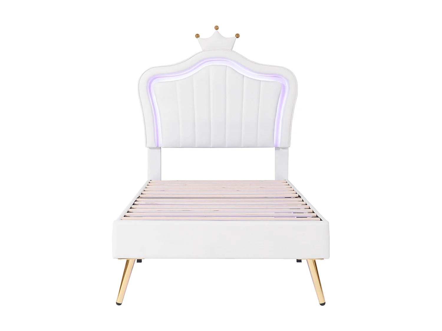 Kinderbed 90x200 cm in wit imitatieleer met LED, kroonvormig gestoffeerd hoofdbord - Bedbodem inbegrepen, zonder matras