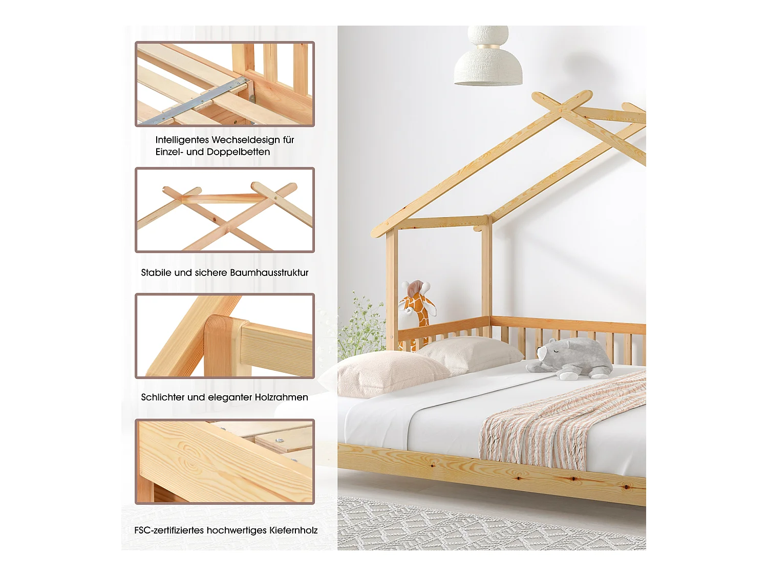 Verwandelbares Hochbett aus naturbelassenem Massivholz, 90x200 cm – Einzelbett, Doppelbett, Bank, für Kinder