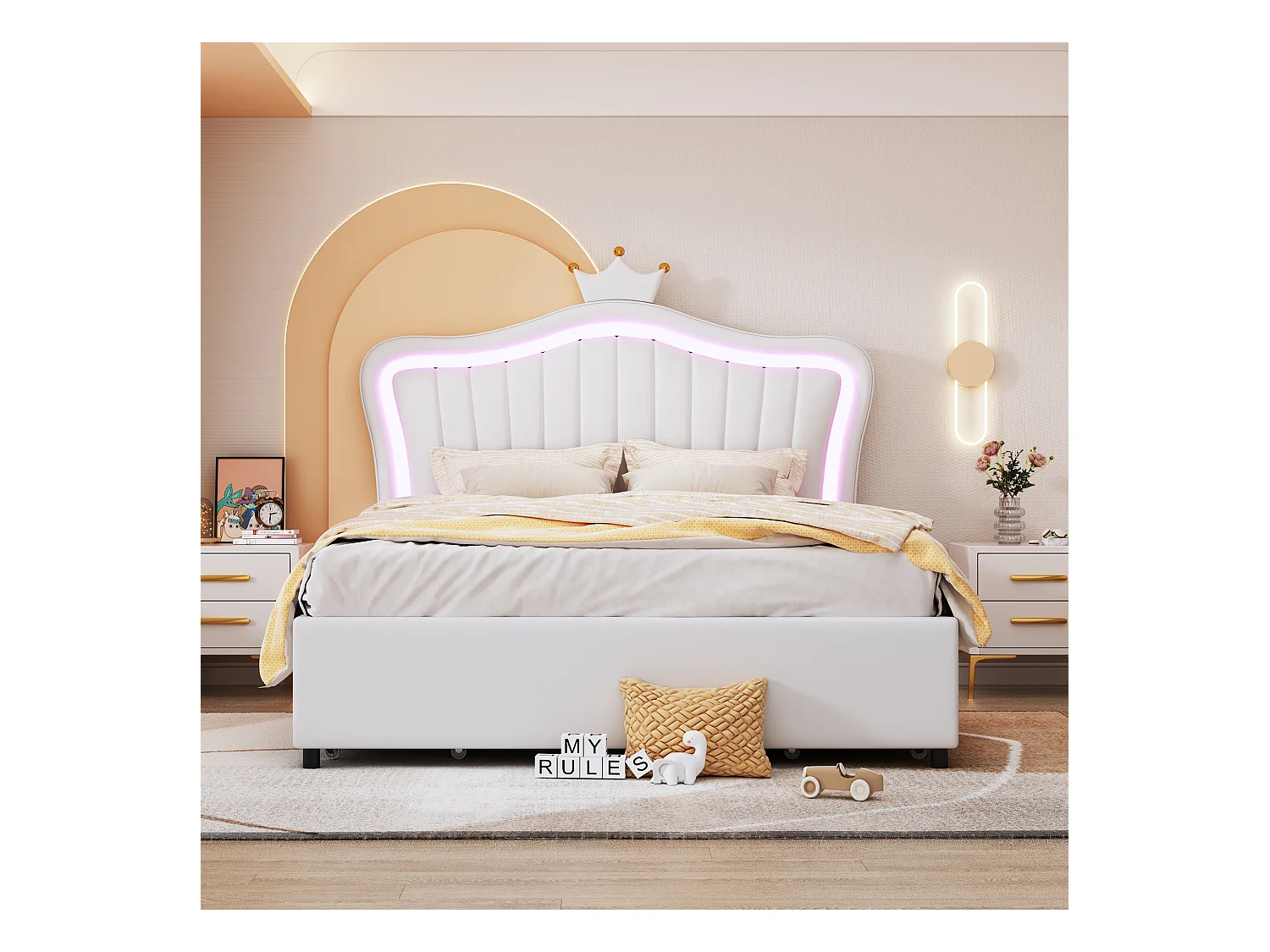 Meisjesbed 140x200 cm in wit imitatieleer met LED-verlichting – Crown hoofdbord, geïntegreerde opberglades