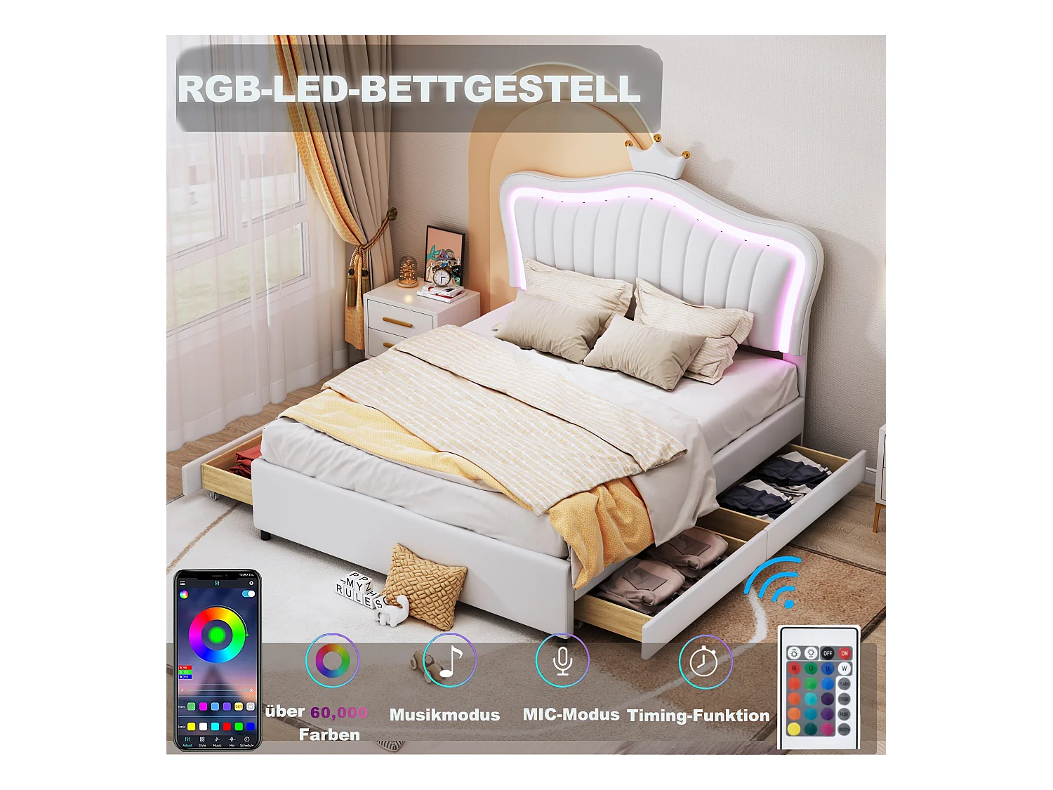 Meisjesbed 140x200 cm in wit imitatieleer met LED-verlichting – Crown hoofdbord, geïntegreerde opberglades