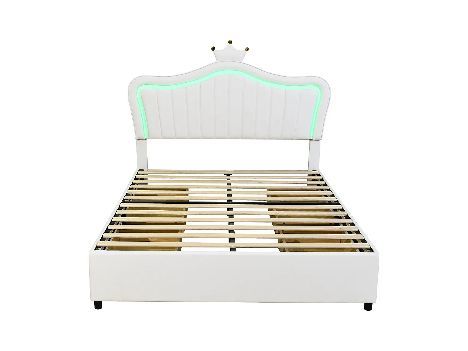 Meisjesbed 140x200 cm in wit imitatieleer met LED-verlichting – Crown hoofdbord, geïntegreerde opberglades